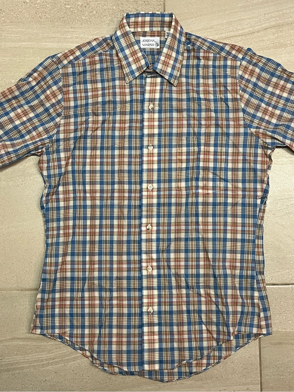 Vintage Jordan Marsh Blue, Brown & Cream Plaid Short-Sleeve Button-Down Shirt